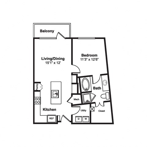 Floor plan for 1 bed, 1 bath, 759 sqft